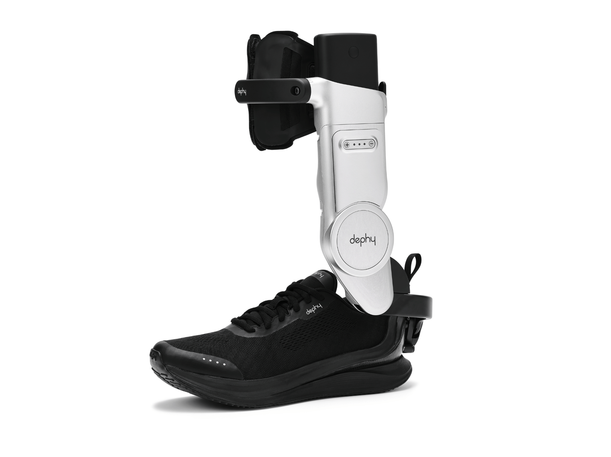 Sidekick device with a black shoe on a white background