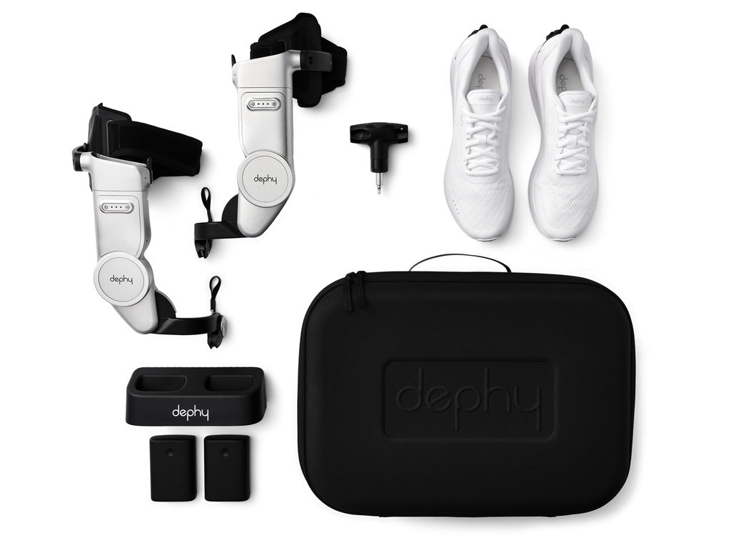Dephy Sidekick bundle, including shoes, straps, and a carrying case, on a white background